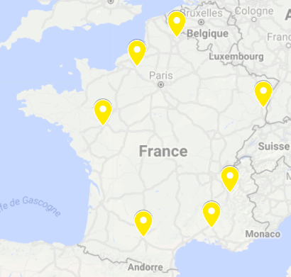 (image carte de France (balise title= « Carte de France des salons SEPEM Colmar, Douai, Angers, Avignon, Toulouse, Rouen, Grenoble »